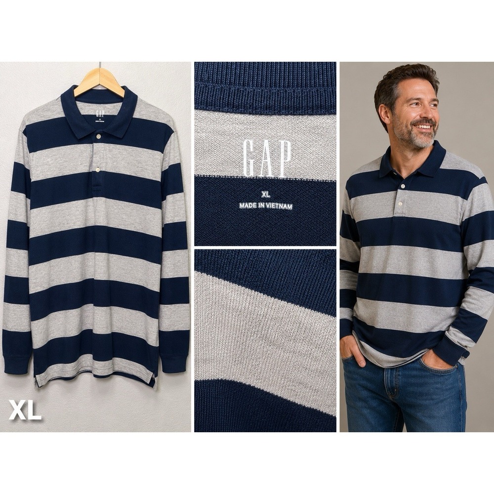 Gap Polo Shirt Mens XL Gray Blue‎ Striped Rugby Long Sleeve Cotton Classic Y2K